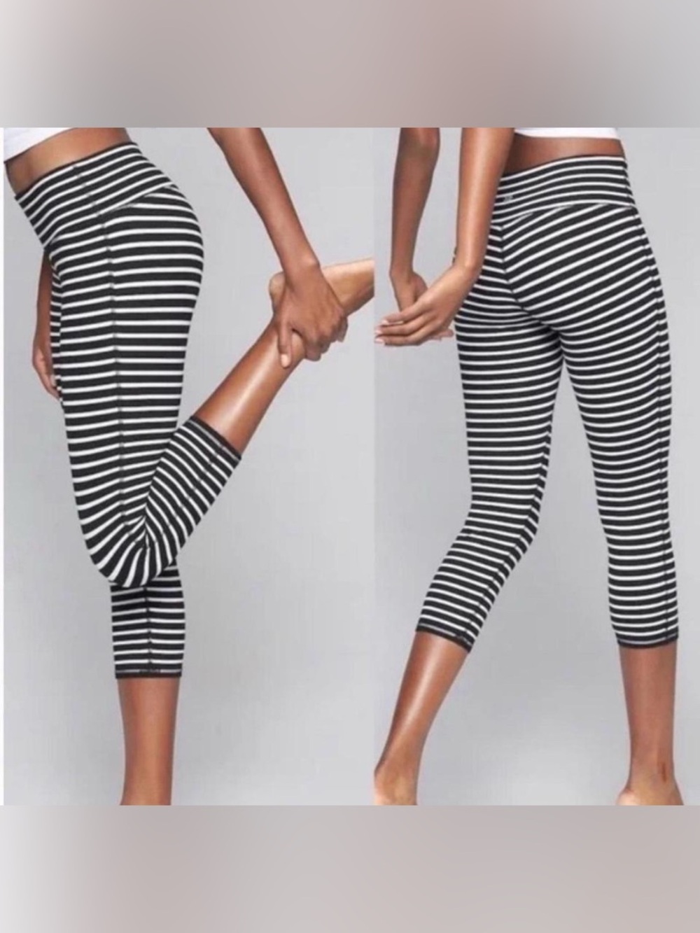 Athleta Sz M Black White Striped Capri Crop Chaturanga Leggings